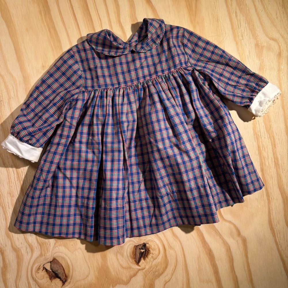 Vintage Style Toddler Girls Blue Red Plaid Smocked Peter Pan Collar Dress 1451